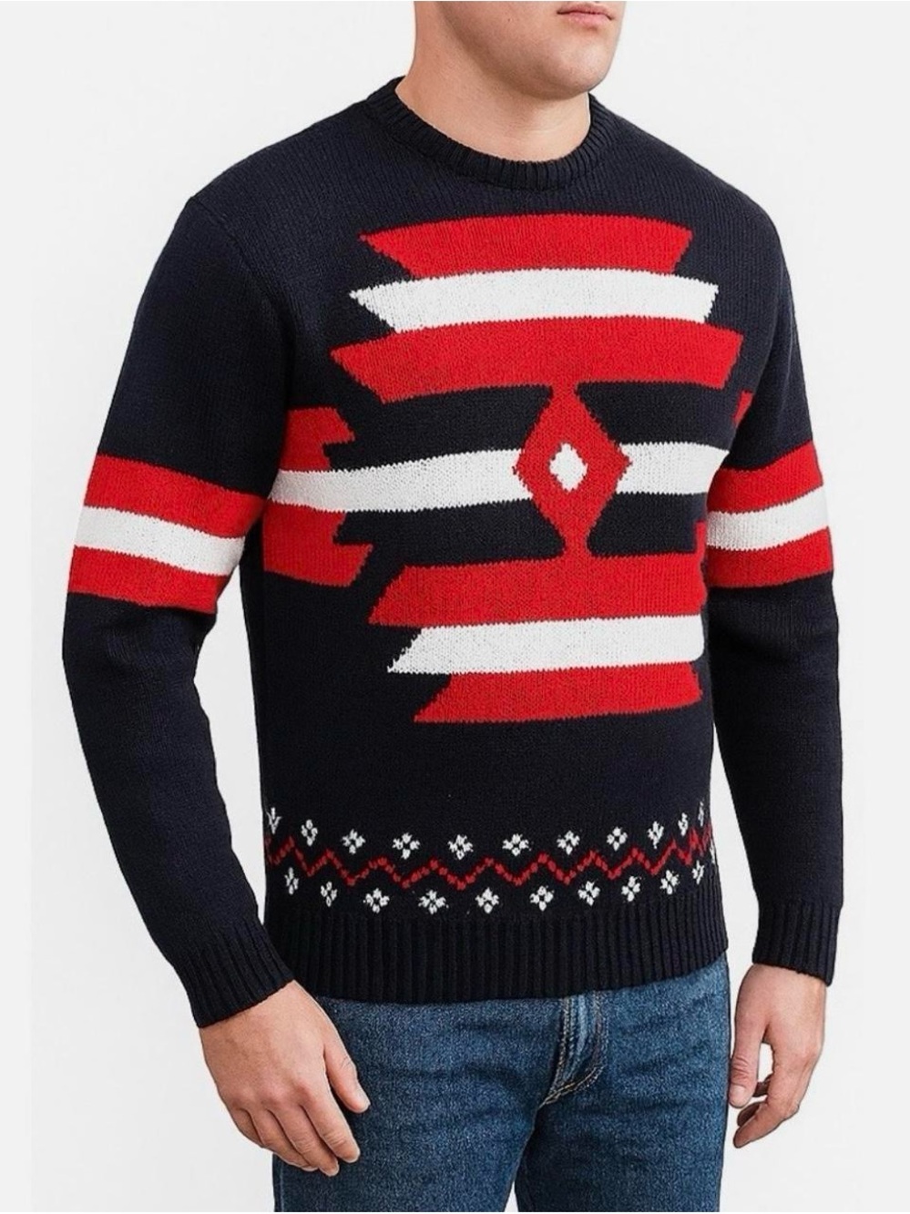 London Knitwear Gallery Aztec Navy Red White Patterned Crewneck Sweater S